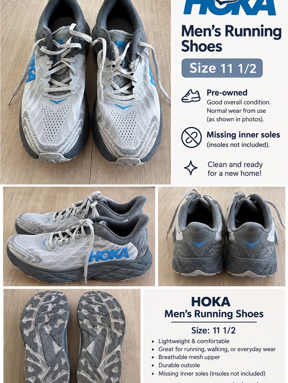 Hoka Men's Running Shoes in Light Gray and Blue Accents